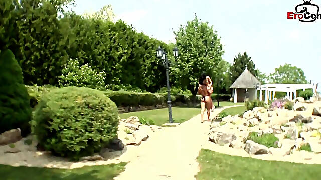 Skinny brunette milf with small boobs get outdoor creampie