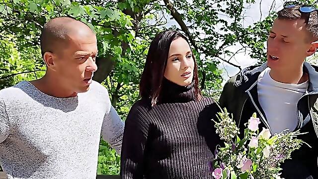 Three horny friends indulge in a wild threesome under the stars