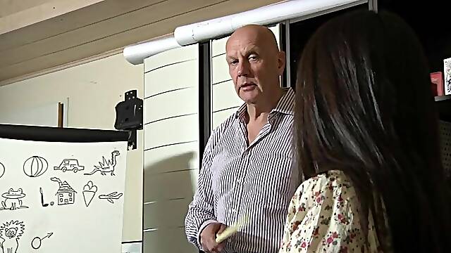 Cute Asian student gets an A for old teacher fuck and cum swallow
