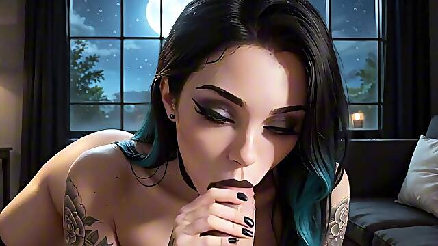 Sexy AI goth babe takes a dripping facial on casting couch