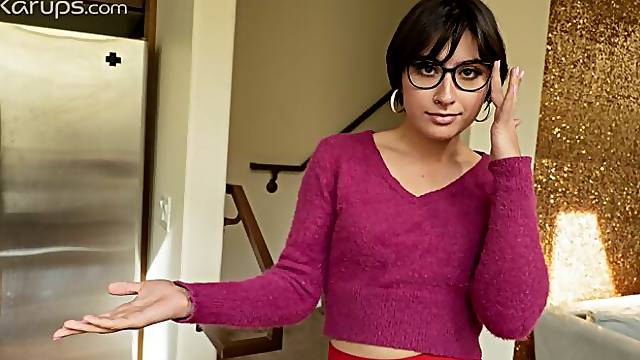 Gorgeous babe in glasses Angeline Red likes fucking in the kitchen