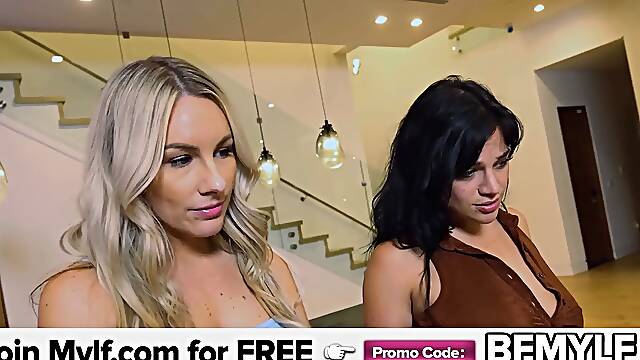 His cougar stepmom caught him screwing her best friend, so she joined them and tasted her bffs labia