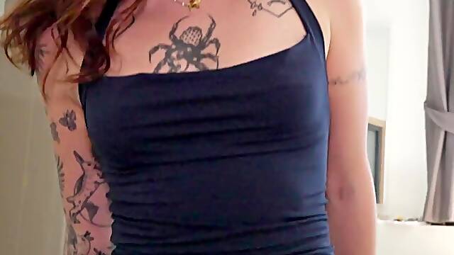 POV fuck with inked hot skinny Russian brunette in tight dress
