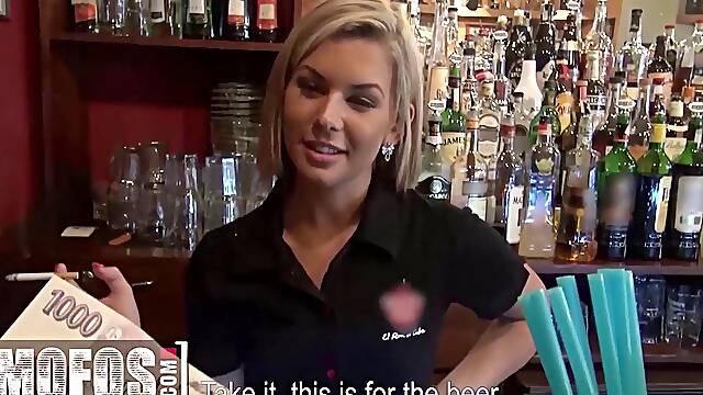 MOFOS - Barmaid Rihanna Samuel Gets Pounded And A Messy Cumshot From A Customer Behind The Bar