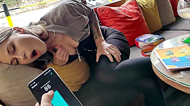 Playing with vibrator in my step-siss pussy in public Cafe