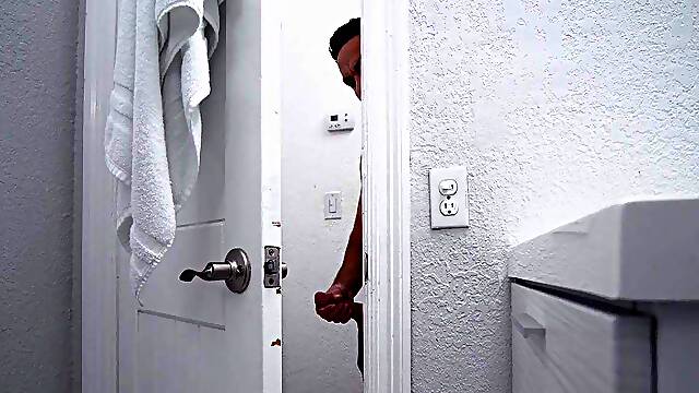 Kira Perez is masturbating in the toiler and Peter is jerking on her