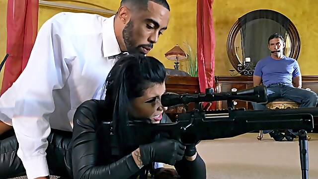 Busty nude raven ass fucked by both men in the room for a wild role play