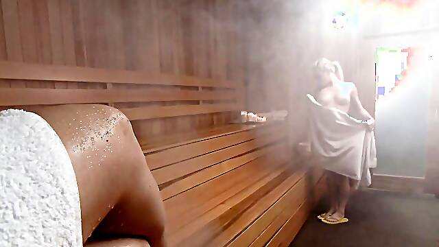 Lesbians anal fucking in the sauna