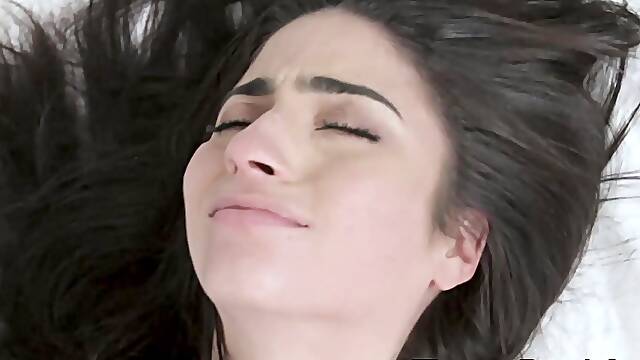Sex slave Jasmine Vega wears a leather collar before serving a sloppy blowjob to young Bruno Dickemz