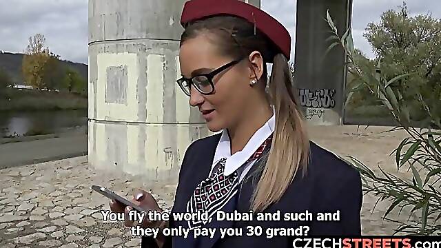 Slutty stewardess got some cash to get down on her knees and suck dick until it explodes