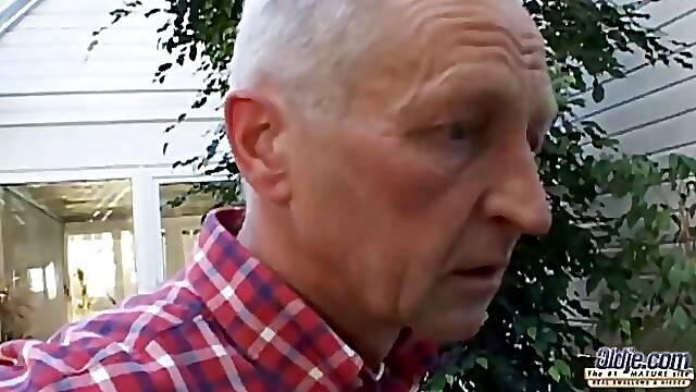 Instead of finishing her garden work, slutty blonde teen is having sex with a horny grandpa