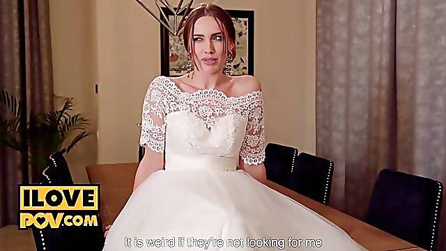 Beautiful brunette bride blwjobs and gets her shaved pussy fucked POV