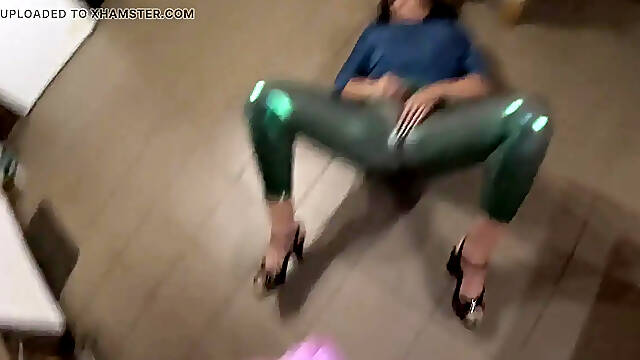 Clothed babe sucks cock and plays with cum on her cameltoe