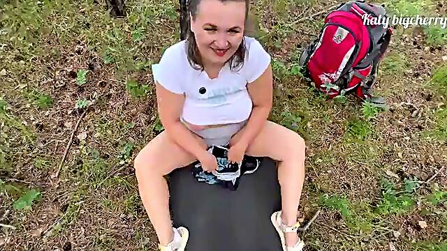 Big-boobed girl got lost in the woods, but found a dick in outdoor