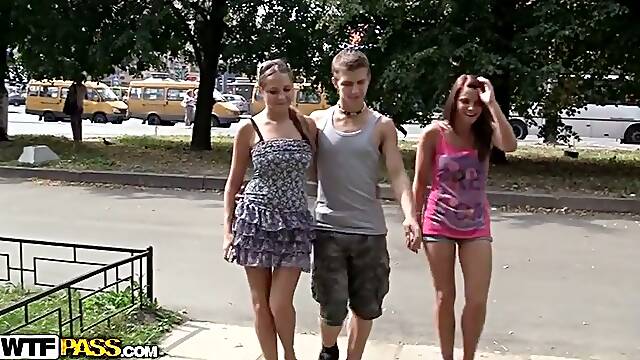 Handsome pick up boy fucked by two hot whores
