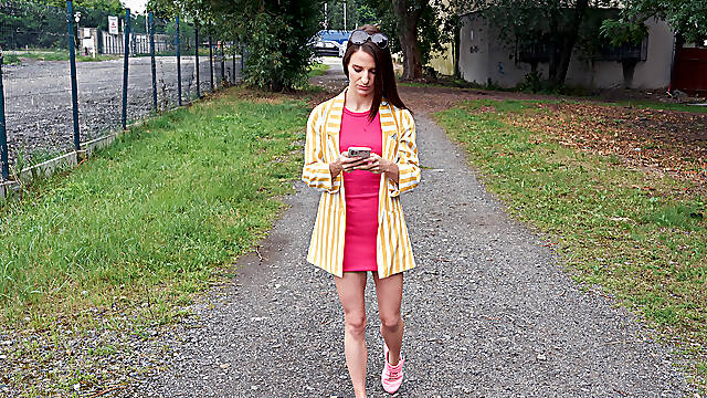 Skinny Fit Looker in Pink Dress Strips and Fucks on the Table