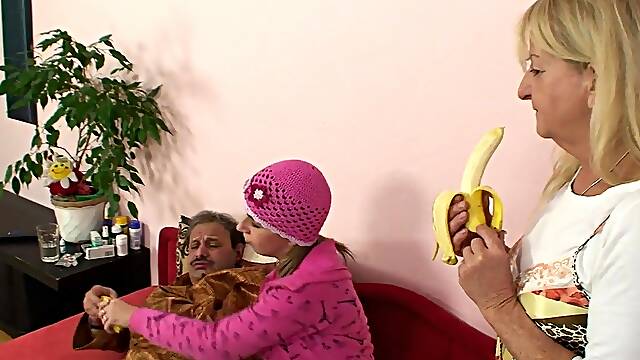 Older Lady And A Hot Teen Satisfy A Man - Brunette