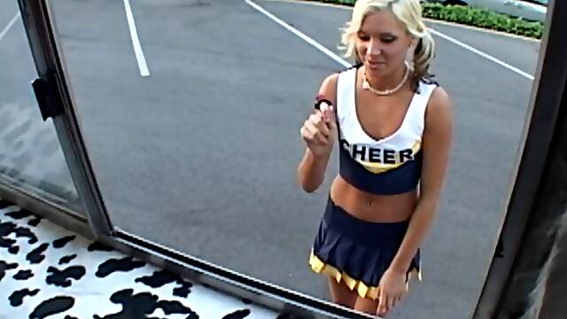 Pigtailed blond Kacey Jordan sucks and rides a prick in a gangbus