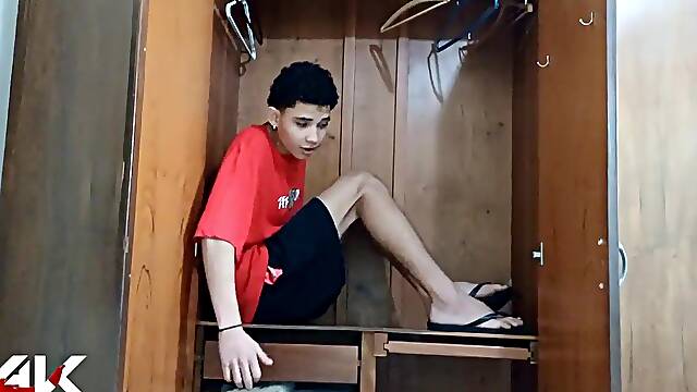 Stepson hides in the closet to spy on his sexy stepmother.