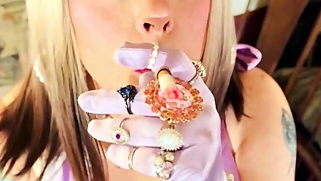 Gloved Smokin With British Girl, Tina Snua. Smokin A Cigarette In Satin Elbow Gloves & Rings