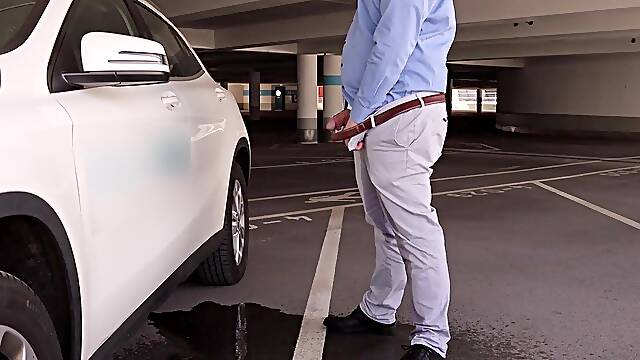 Office Stud Doesn't Make It! Public Desperation, Wetting, Pissing and Cumming in the Parking Garage