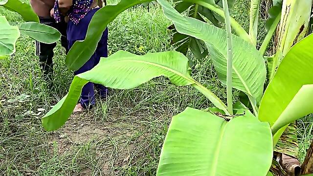I watch my aunty going in the direction of the banana plantation, I followed her and hugged her and started humping her in the plantation.
