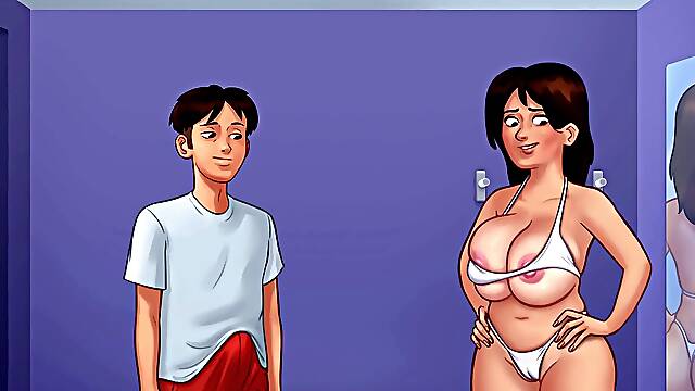 Summertime Saga - Busty cougar flashes can hardly fit in her sexy white bikini