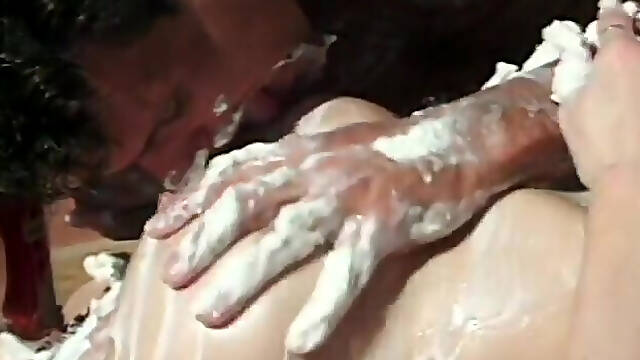 Hot brunette and stud get covered with whipped cream