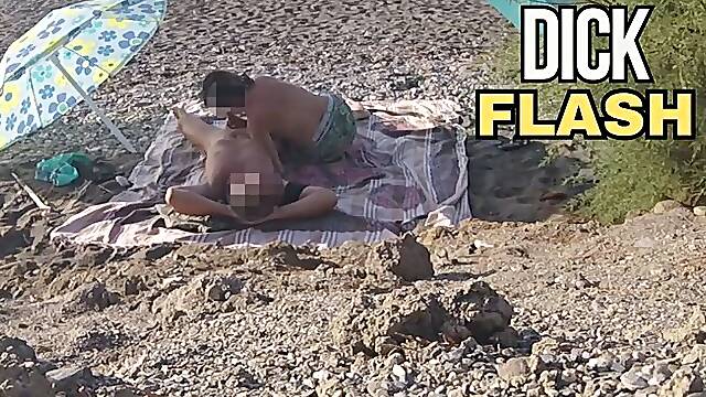 Exhibitionist Wife Outdoor Amateur Milf Blowjob & Handjob Big Cock on Nudity Beach public in front of voyeurs with cumshot