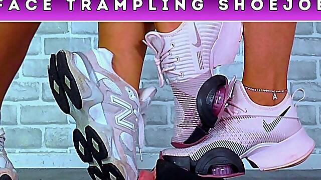 Goddess Amber & Miss Lucy - Stomping Your Face & Edging Your Cock Under Our Sweaty Gym Trainers (227A) - Face & Bug Cam - Face Trampling Shoejob