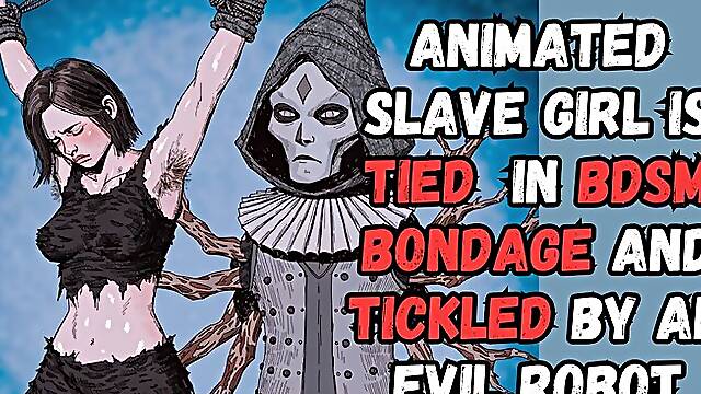 Tickling Dungeon slave girl with hairy pits in black rags suspended by wrists in a dark dungeon as an evil robotic device tickles her belly and armpits as she struggles in BDSM bondage fetish