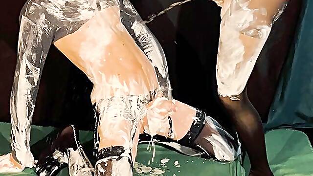 Hot messy fun together in nylons with lots of shaving foam and piss (artwork without audio)