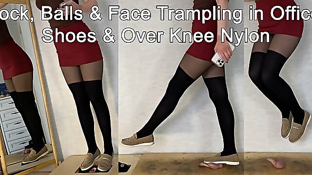 Cock, Balls & Face Trampling in Office Shoes & Over Knee Nylon Socks