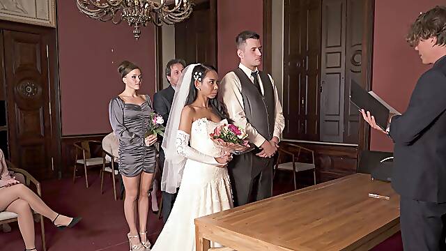 Ebony bride fucked by hubby's father and soaked in his sperm