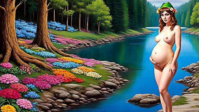 Nude Pregnant Elf Woman in the Forest