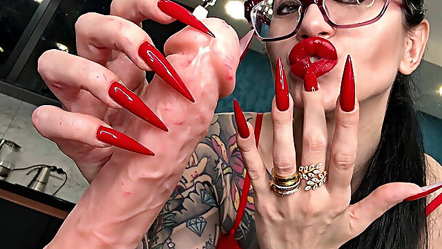 Long Red Nails, Sharp Claws, Fingers Sucking and Hot Handjobs