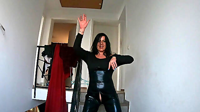 Smoking Leather Dance. Ripped Jumpsuit Pussy Tease, Toilet Pee and Dirty Masturbation